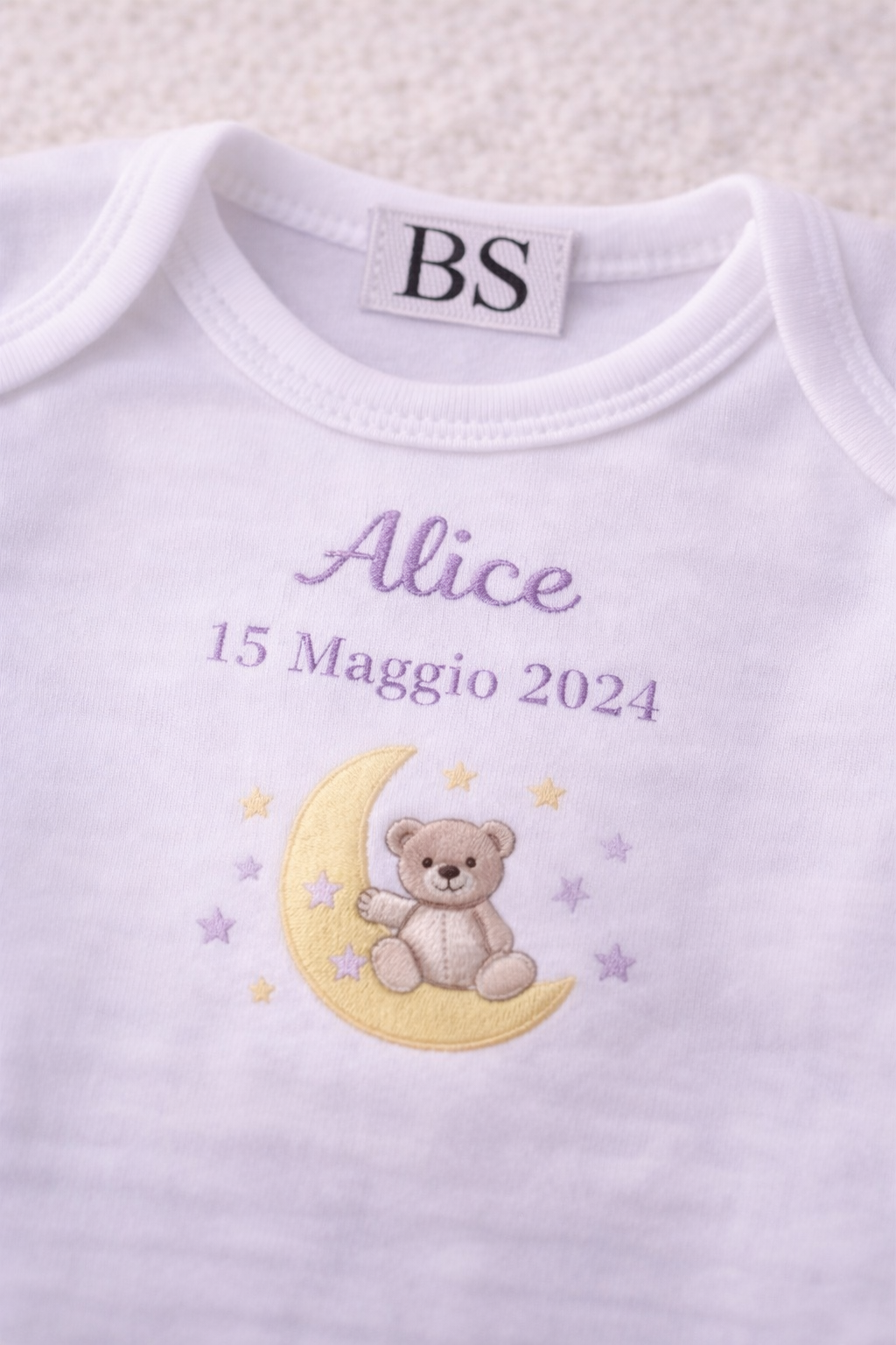 Body nascita con luna e orsetto ricamati