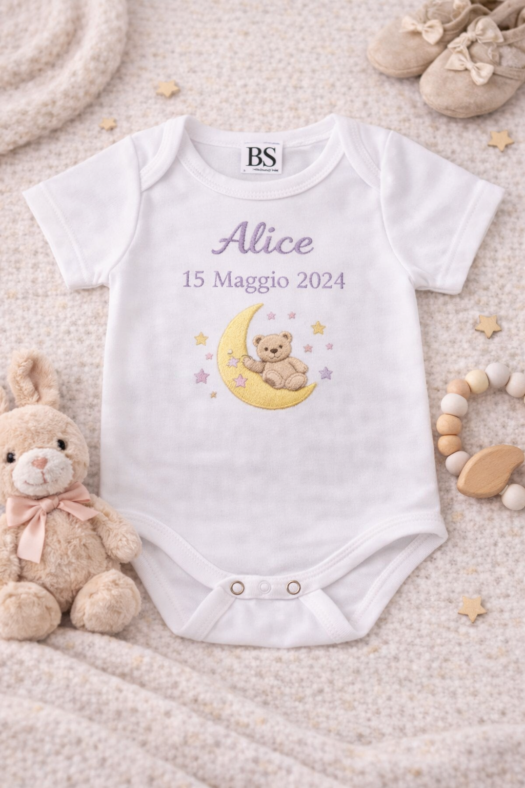 Body nascita con luna e orsetto ricamati
