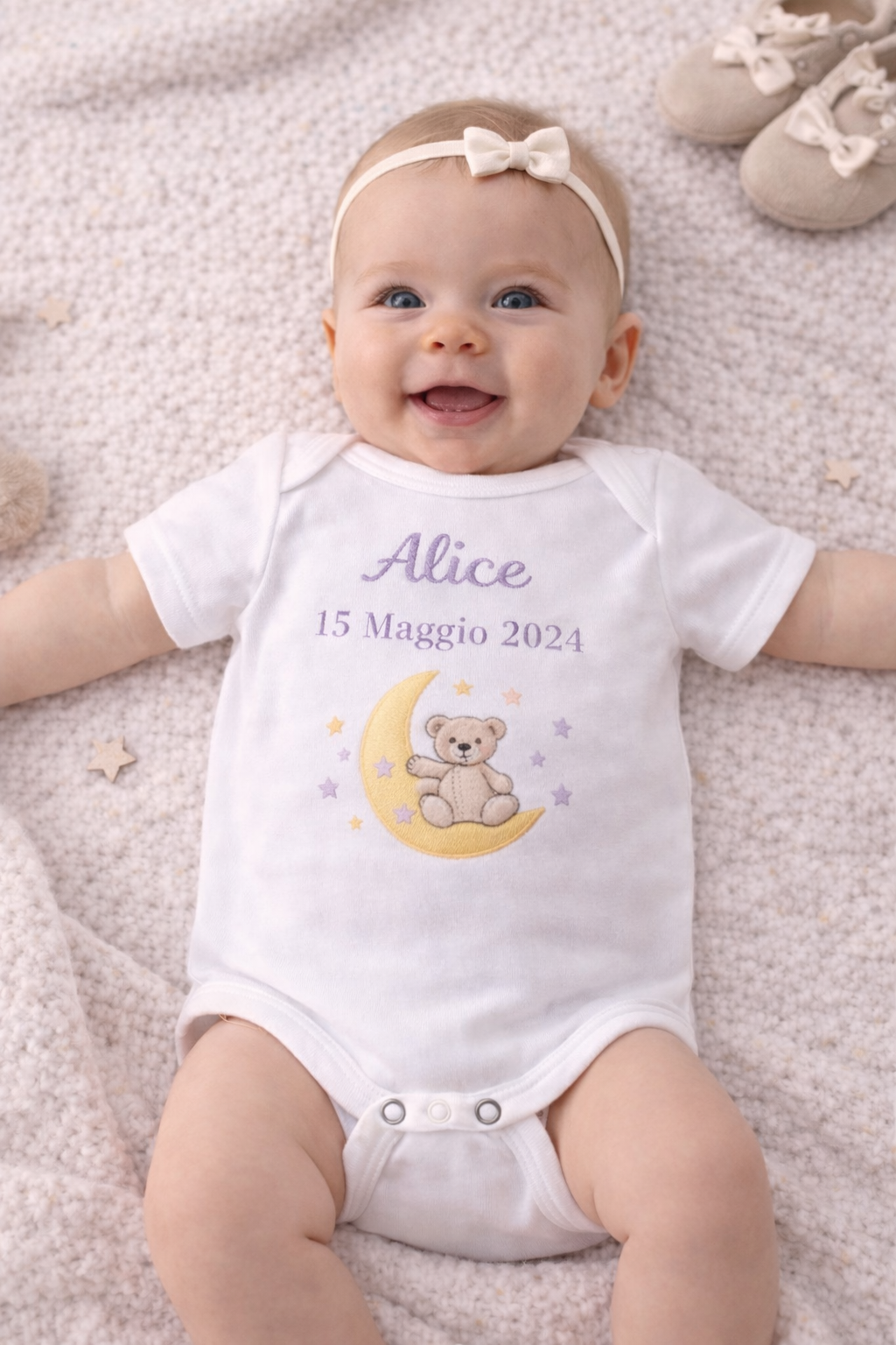 Body nascita con luna e orsetto ricamati